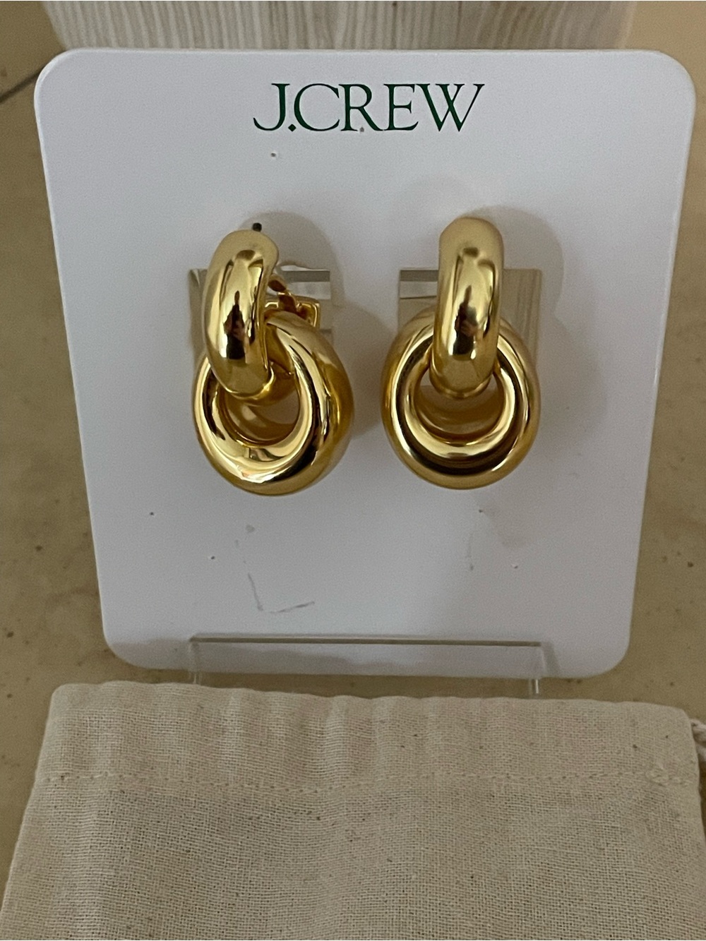 J.Crew Gold Interlocking Hoop Drop Earrings w/Dust Bag NEW
